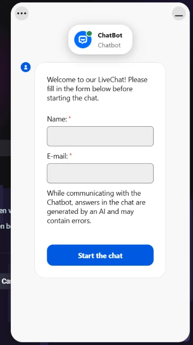 NeedForSlots Casino chatbot livechat formulier NeedForSlots Casino chatbot livechat formulier met naam- en e-mailvelden