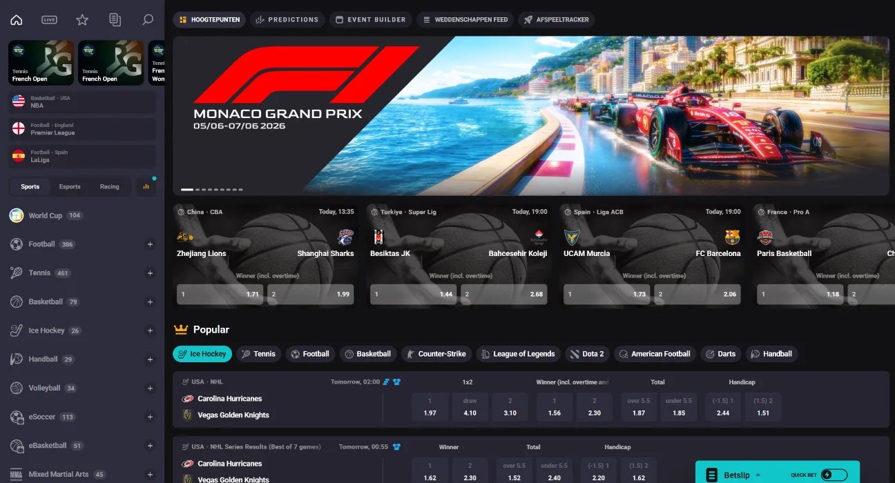 NeedForSlots Casino sportweddenschappen homepagina NeedForSlots Casino sportweddenschappen homepagina met Formule 1 banner en live wedstrijden
